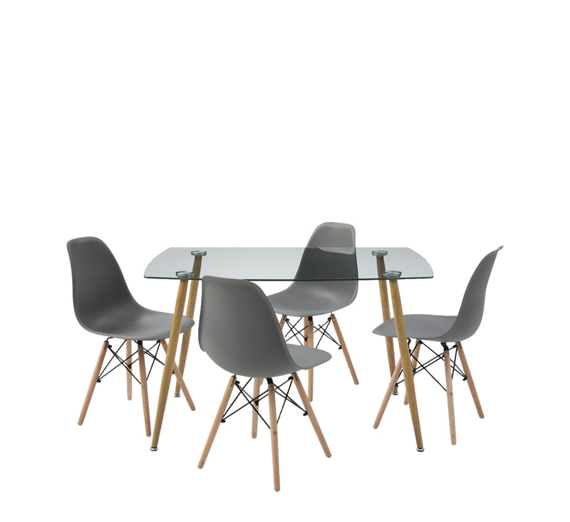 Mesa de comedor de cristal templado con 4 sillas Sarpsborg - Gris y y natural